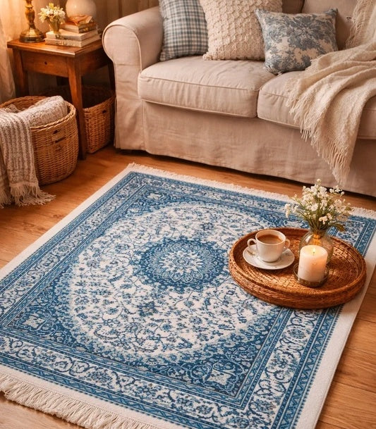 Grand tapis à franges bleu