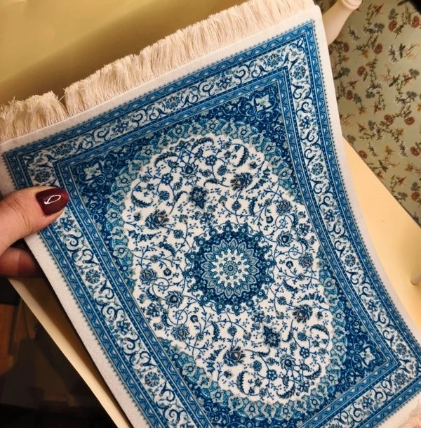 Grand tapis à franges bleu
