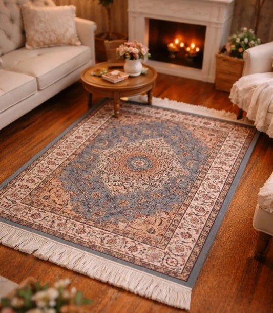 Grand tapis rectangulaire bleu et orange