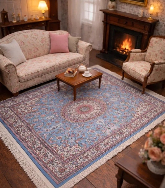 Grand tapis à franges 27x18 cm bleu et bordeaux