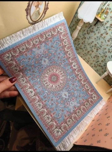 Grand tapis à franges 27x18 cm bleu et bordeaux