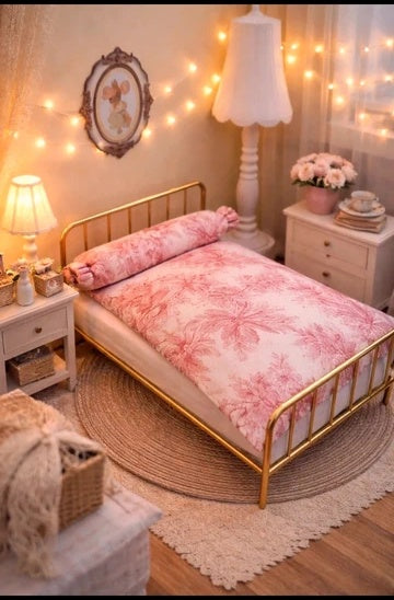 Lit métal doré avec literie rose