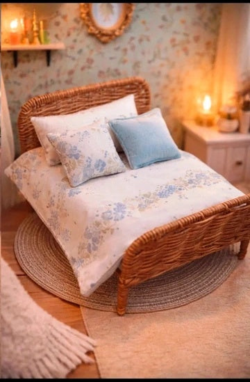 Lit en osier 16x11cm et literie bleue