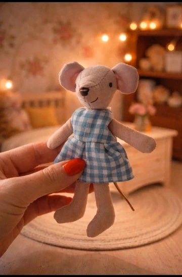 Petite souris de 13 cm et sa robe bleue vichy