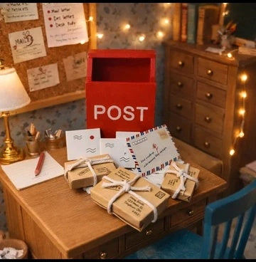 Boite aux lettres en bois avec ses colis et courrier