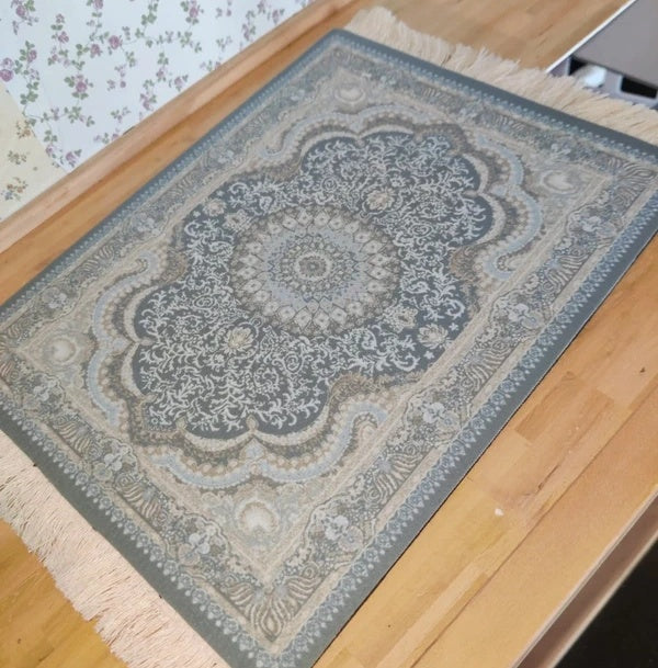 Grand tapis bleu gris à franges