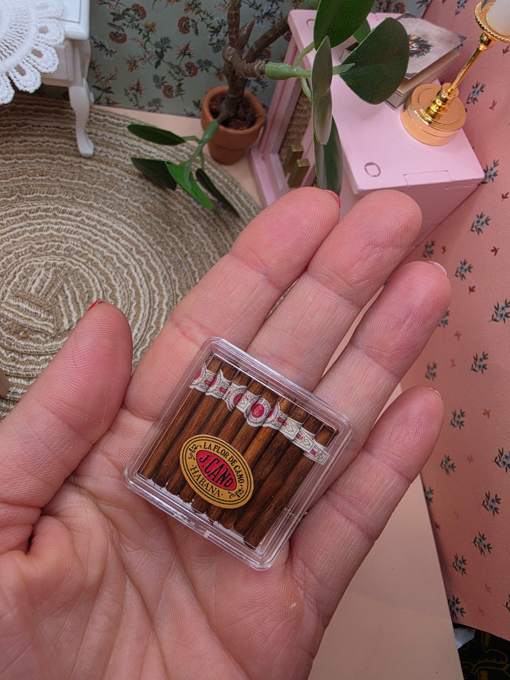 Détail des cigares factices miniatures dans leur coffret