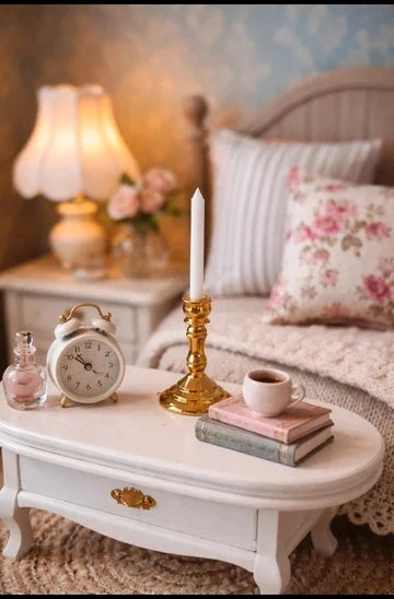 Bougeoir miniature doré avec bougie blanche factice, maison de poupée 1/12