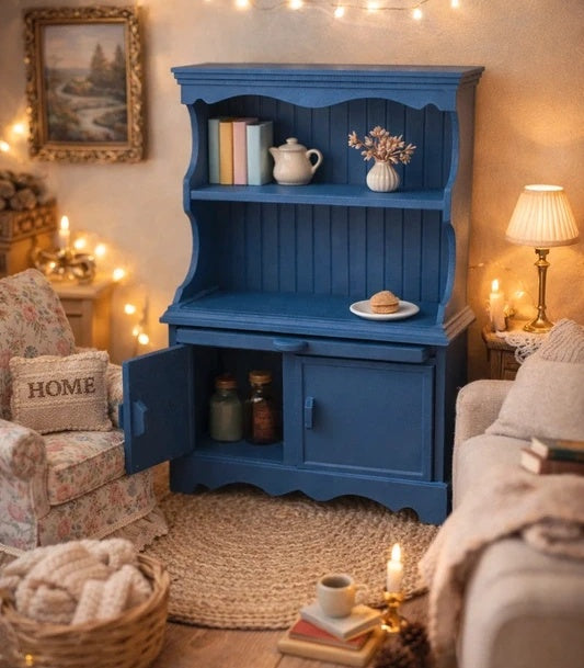Buffet miniature bleu profond en résine à deux portes, échelle 1/12