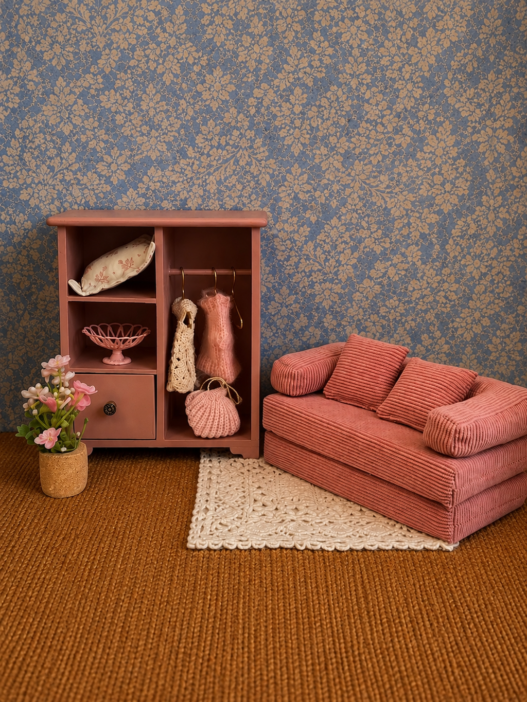 Texture du velours côtelé rose du canapé miniature