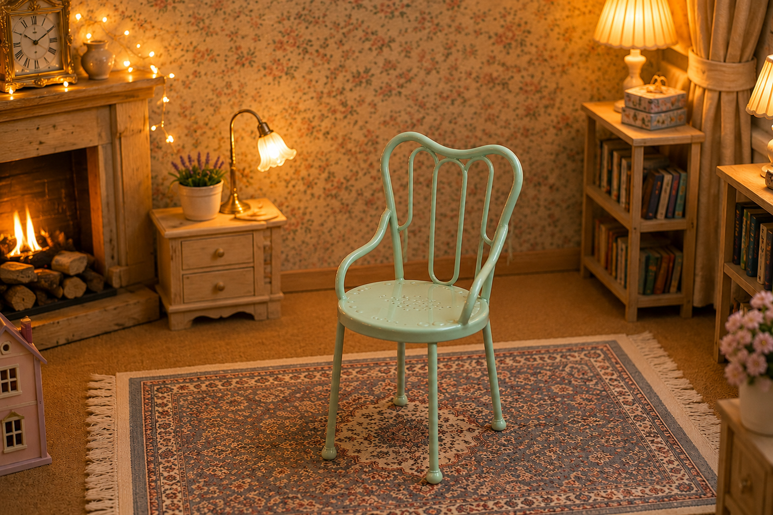 Chaise miniature en métal vert clair pour maison de poupée