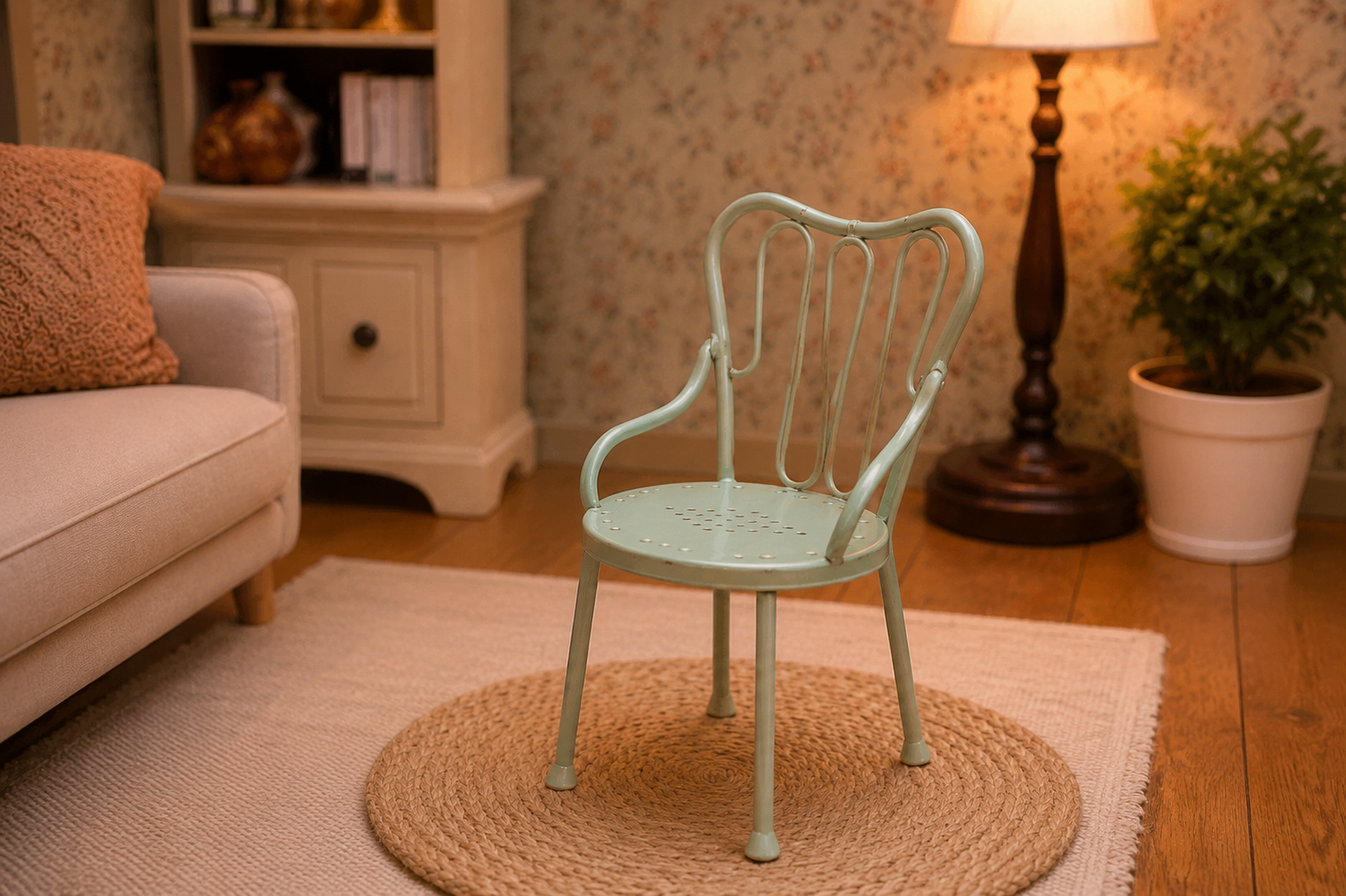 Chaise miniature en métal doré ou vert clair, style rétro chic 1/12