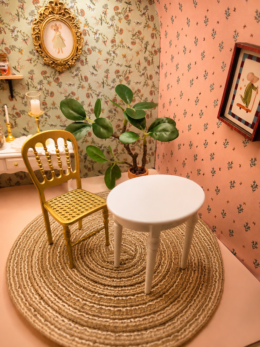 Ensemble chaise dorée et table blanche miniatures en métal, échelle 1/12