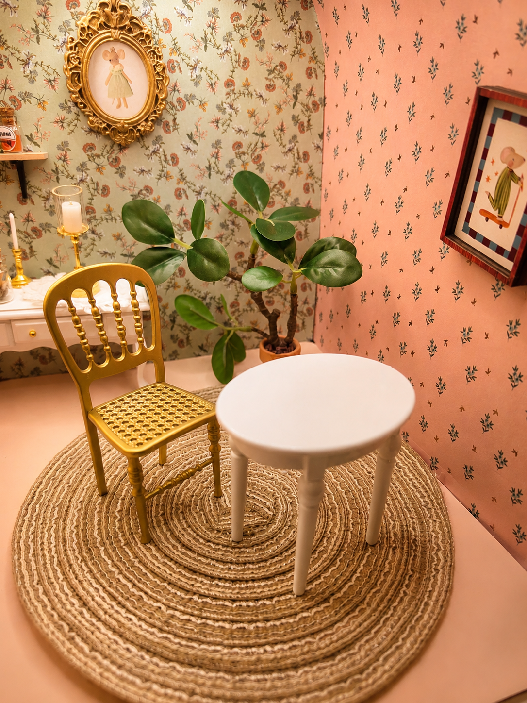 Ensemble chaise dorée et table blanche miniatures en métal, échelle 1/12
