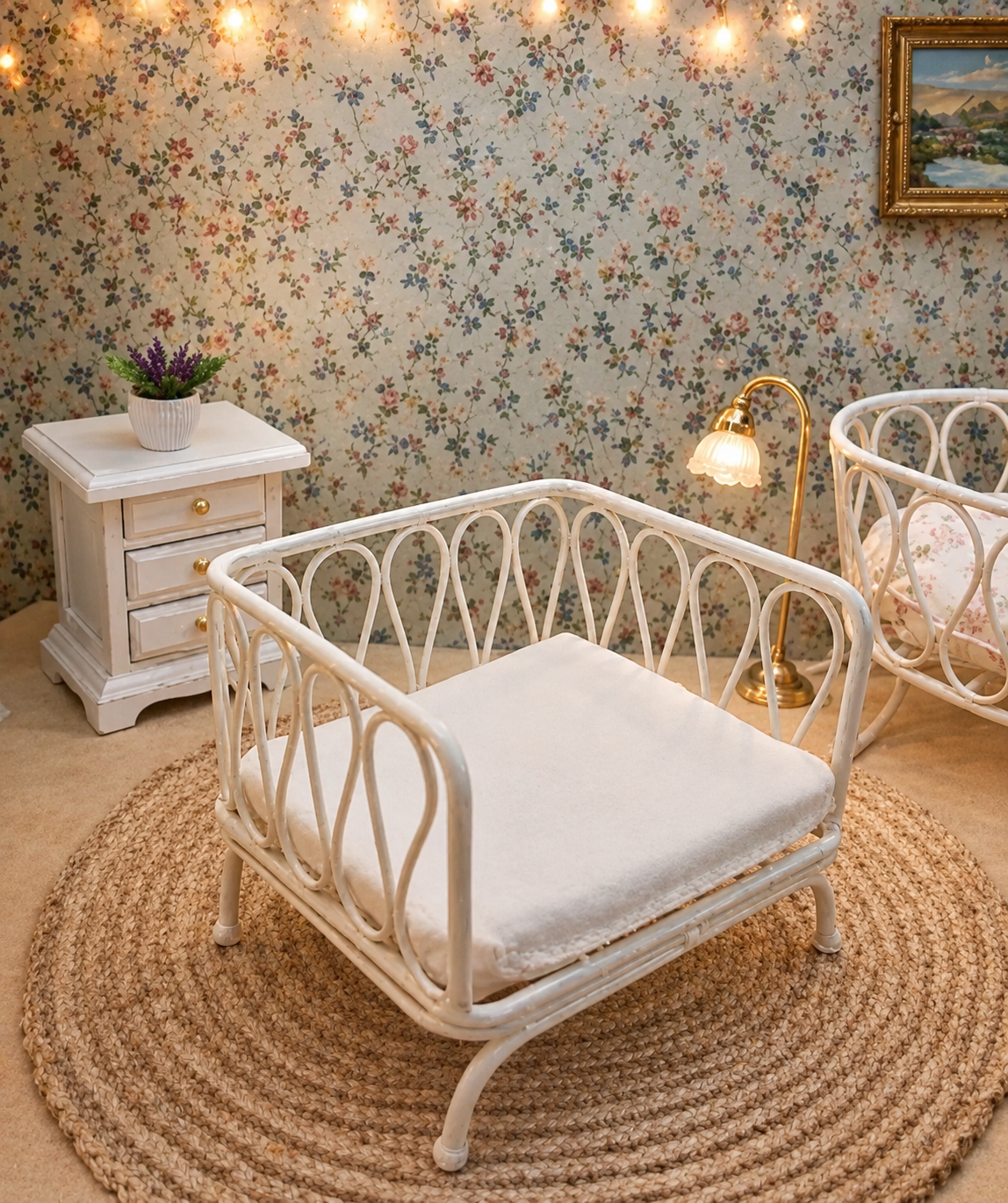 Fauteuil miniature en métal blanc ajouré, échelle 1/12