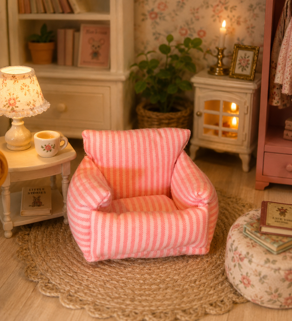 Fauteuil miniature rayé rose et blanc, échelle 1/12