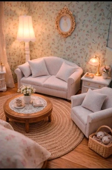 Fauteuil miniature en tissu beige à rayures, échelle 1/12