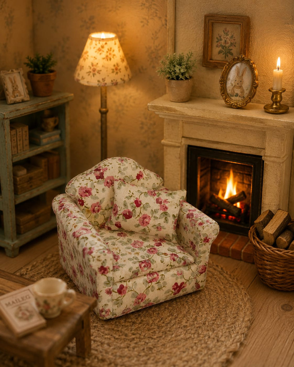 Fauteuil miniature en tissu fleuri, échelle 1/12