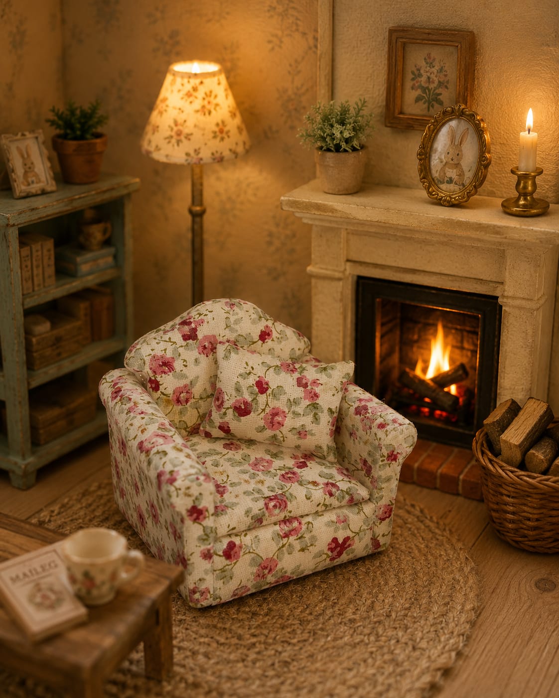 Fauteuil miniature en tissu fleuri, échelle 1/12