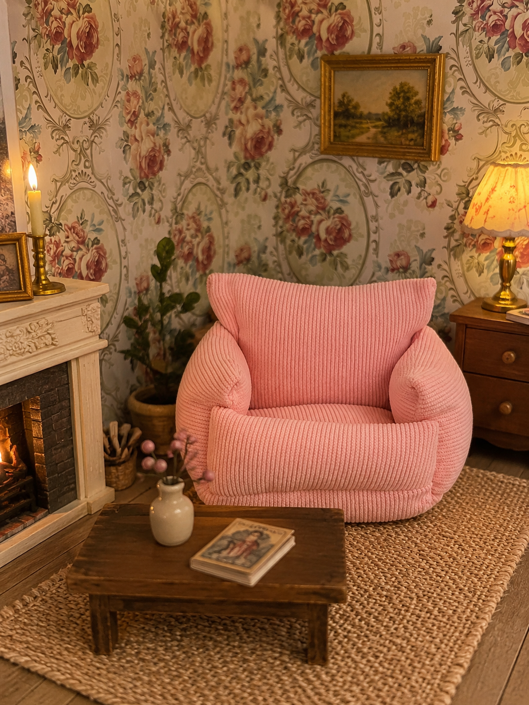 Fauteuil miniature en velours rose vu de face