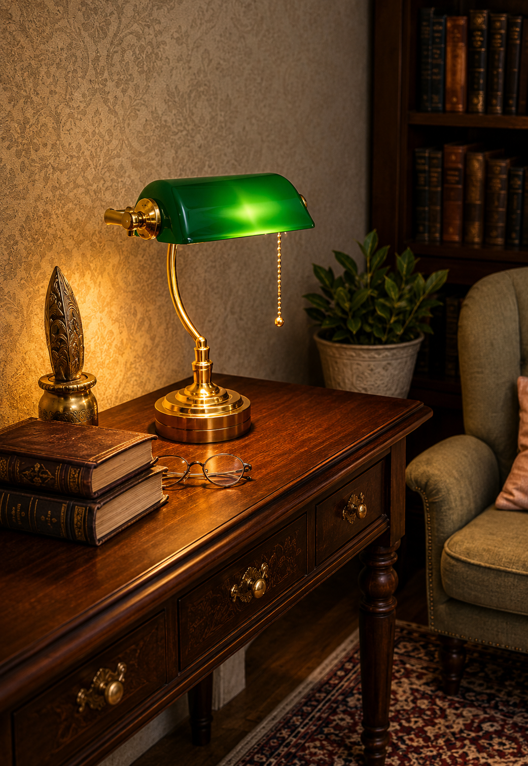 Lampe de banquier miniature à abat-jour vert et pied doré, échelle 1/12