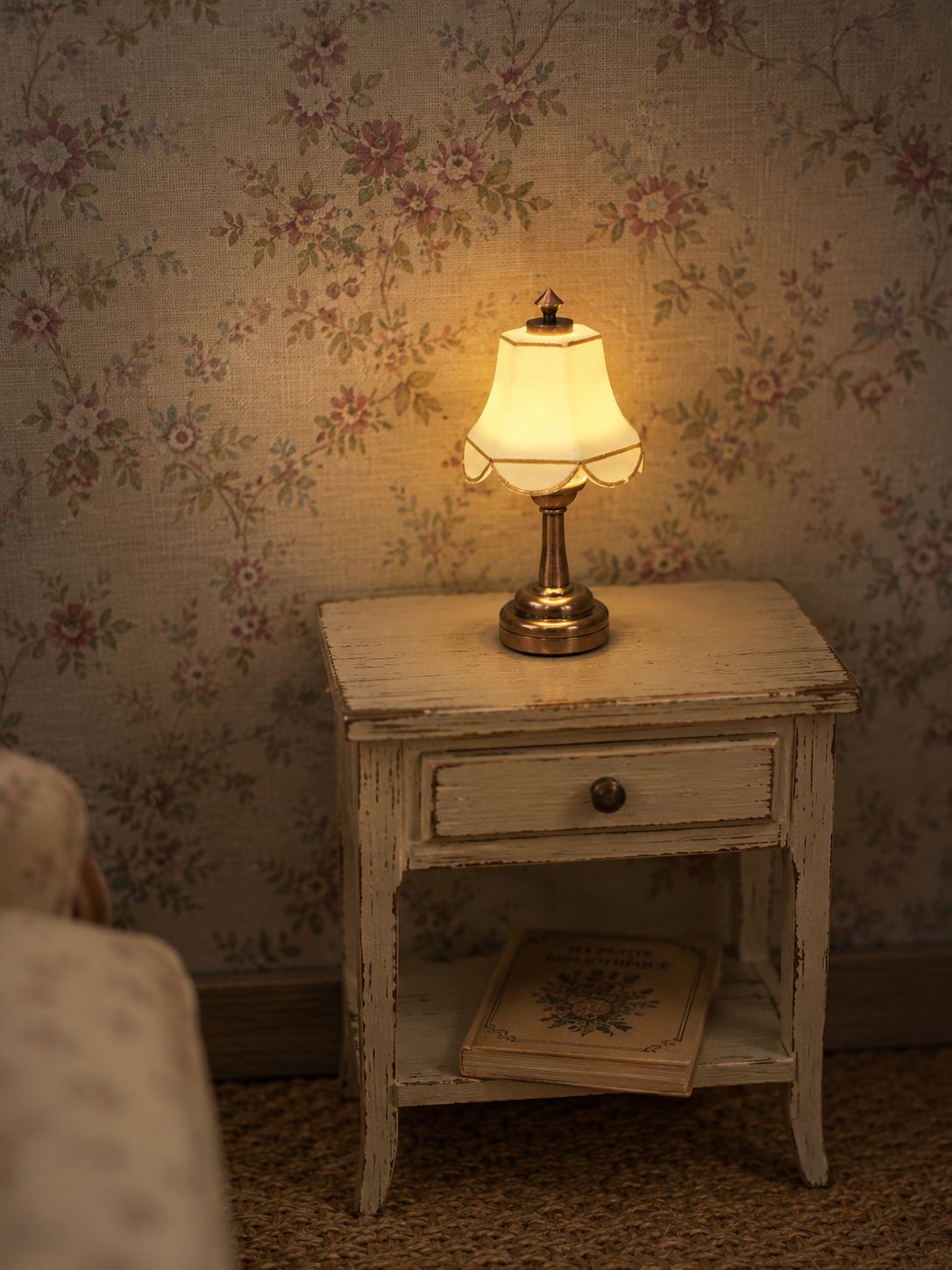 Abat-jour crème à liseré doré de la lampe de table miniature