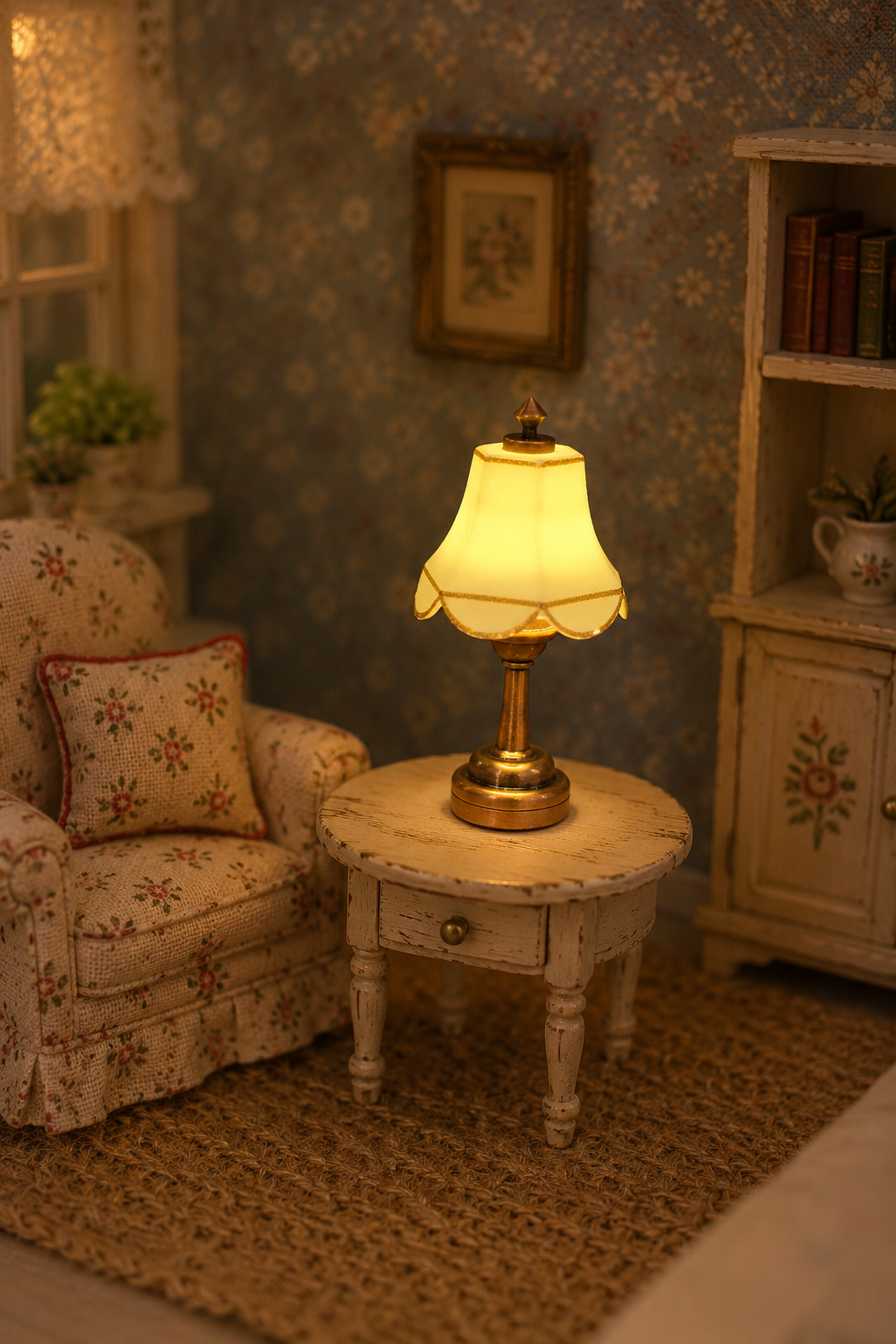 Lampe de table miniature vintage bronze à LED, échelle 1/12
