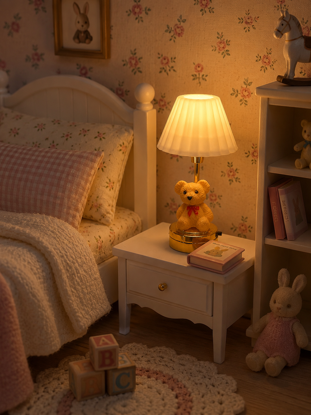 Lampe miniature ourson lumineuse à abat-jour plissé, échelle 1/12