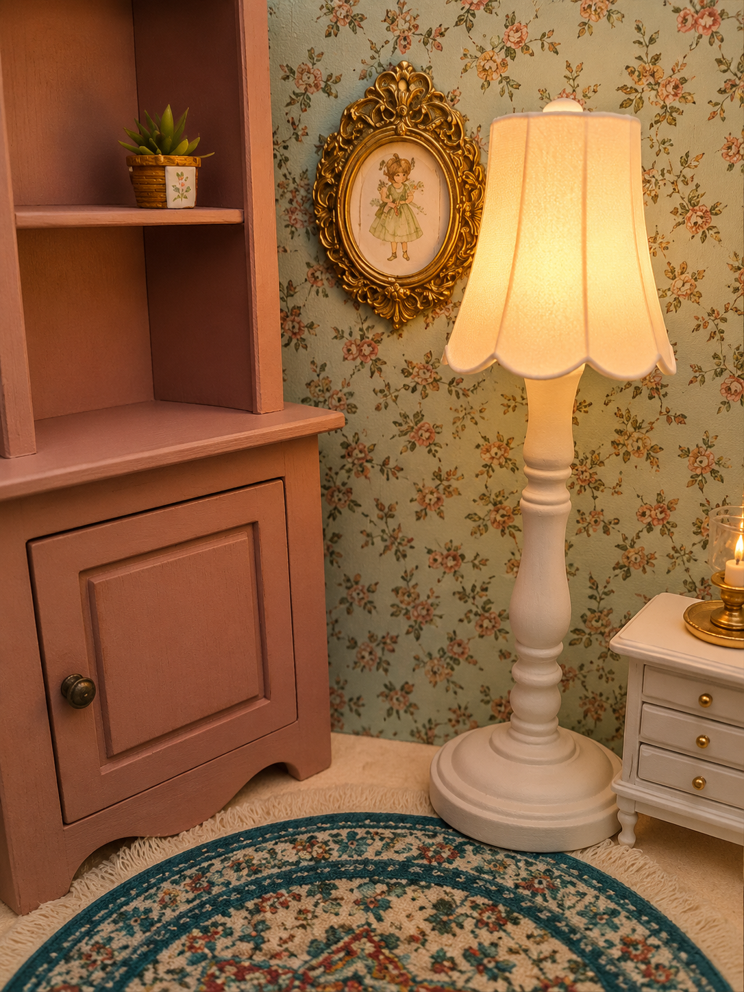 Lampe sur pied blanche miniature en situation dans un salon