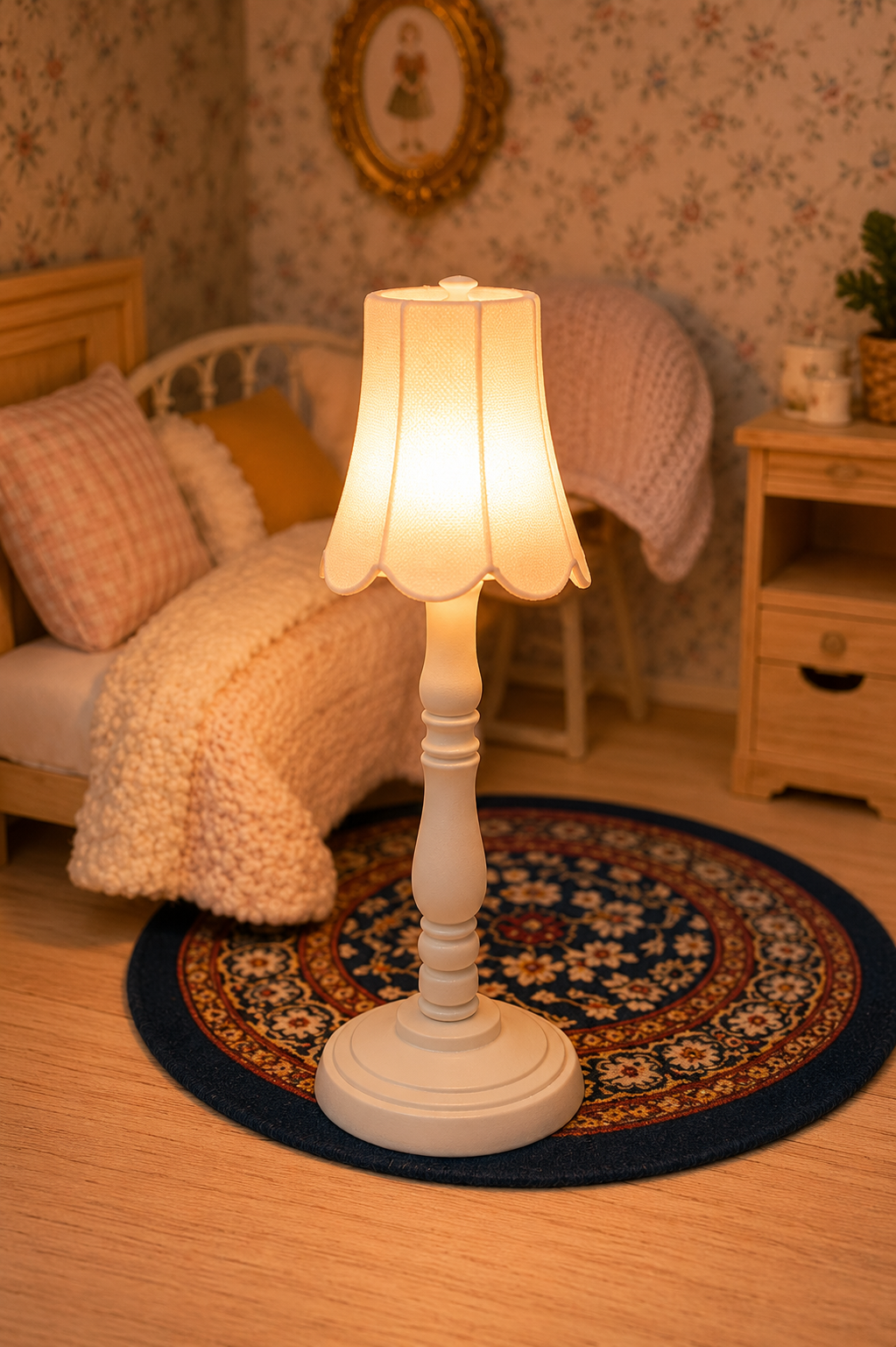 Lampe miniature sur pied blanche lumineuse, échelle 1/12