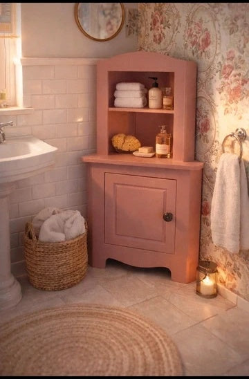 Meuble d'angle miniature en bois rose poudré, échelle 1/12