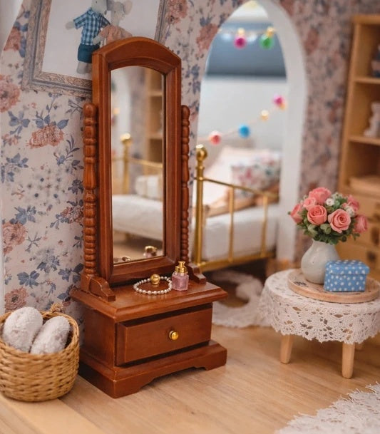 Miroir psyché miniature sur pied vu de côté