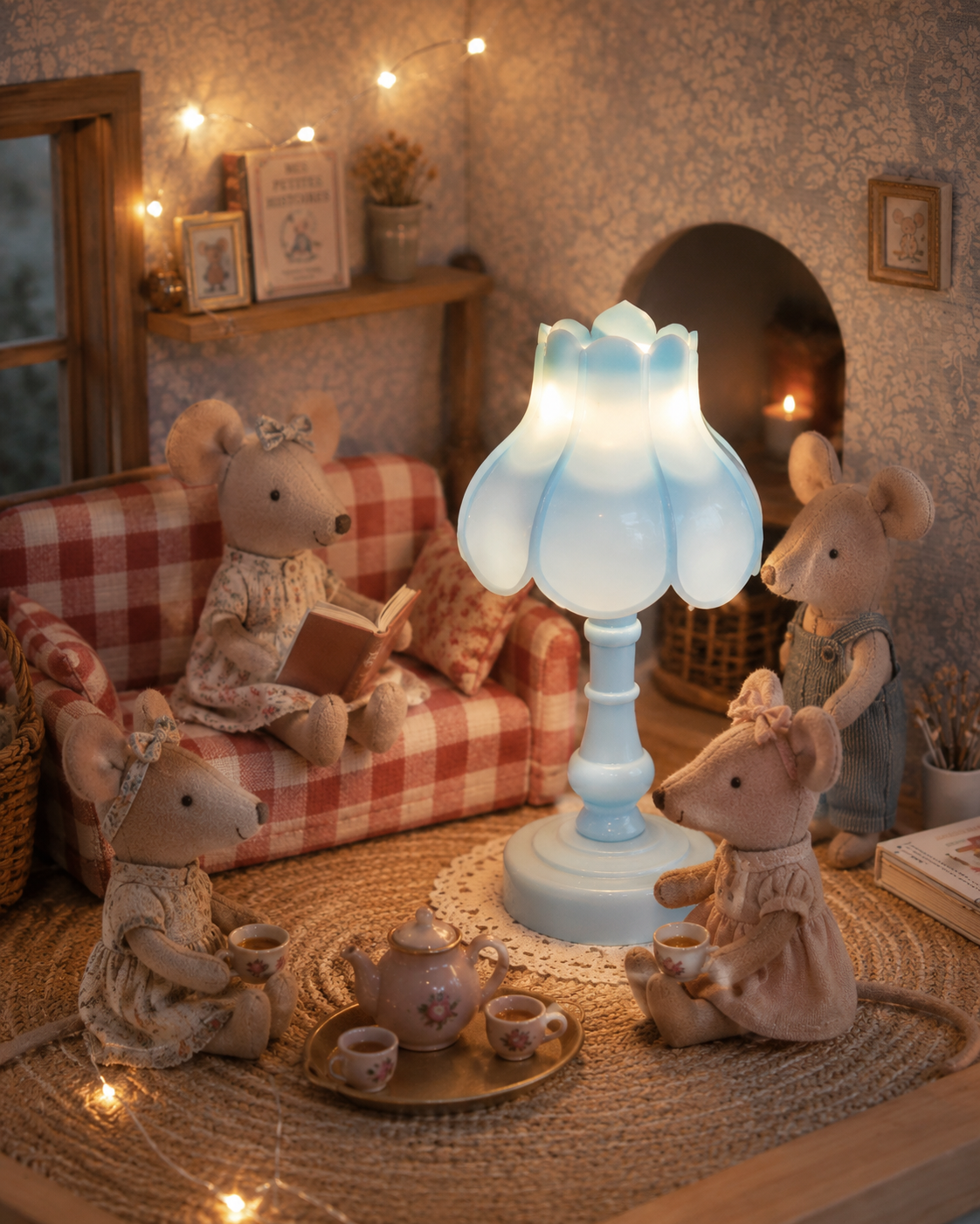 Petite lampe miniature lumineuse bleu pastel forme tulipe, échelle 1/12