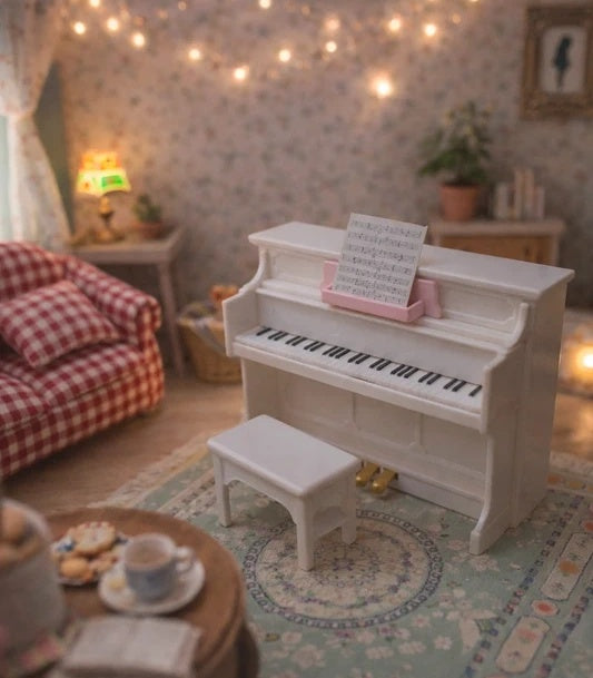 Piano droit miniature blanc avec partition, maison de poupée 1/12