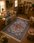 Tapis oriental miniature bleu & terracotta – maison de poupée 1/12