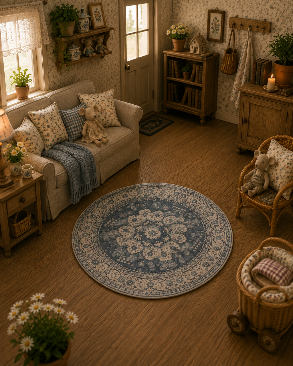 Tapis rond miniature bleu – maison de poupée 1/12