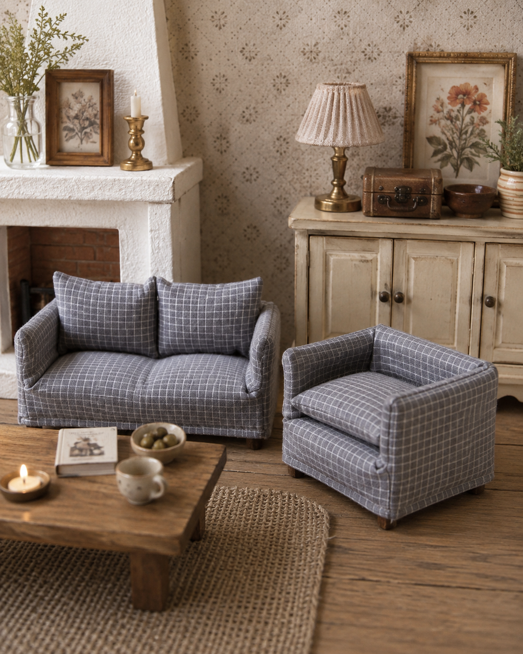 Ensemble fauteuil et Canapé en tissu gris à petits carreaux