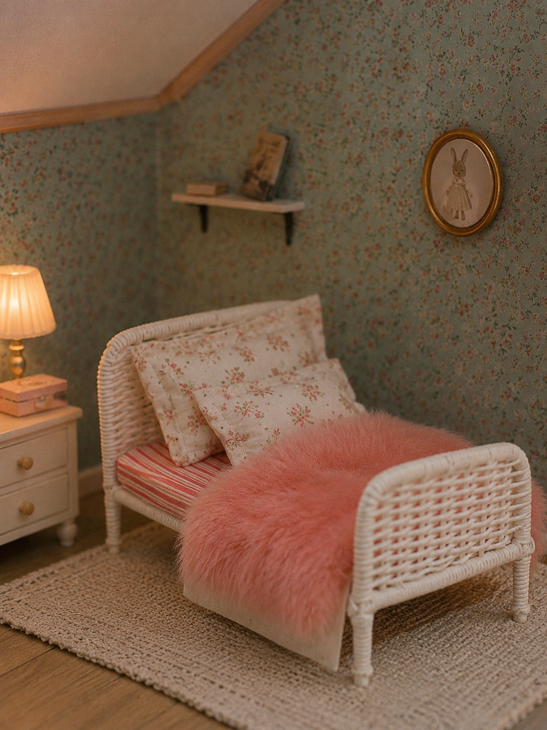 Lit double type osier et sa literie rose fluffy
