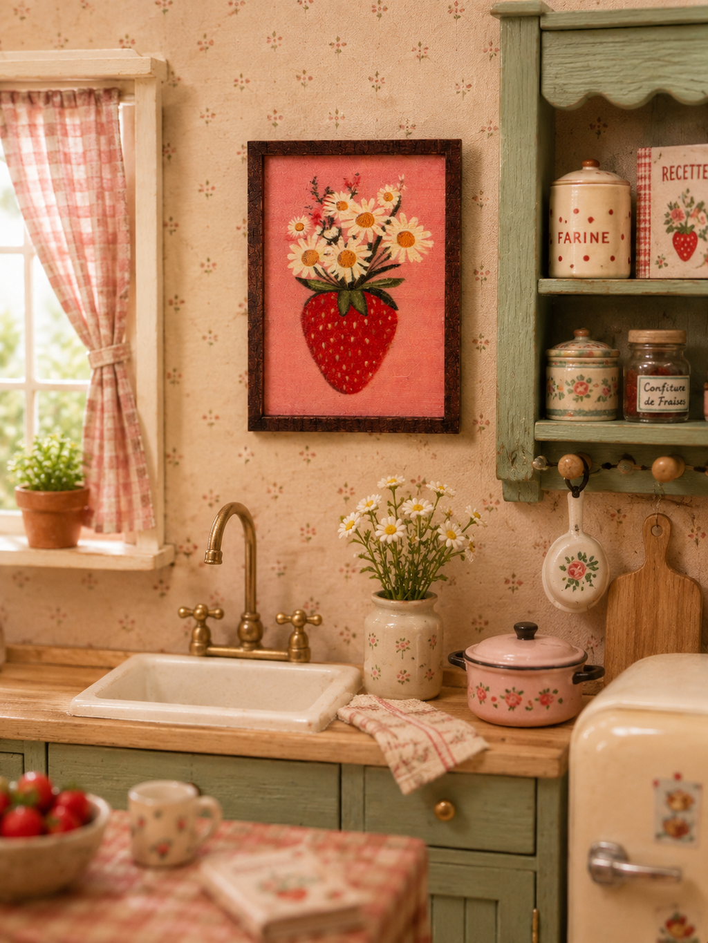 Tableau/cadre Fraise et marguerites pour maison de poupée échelle 1/12eme