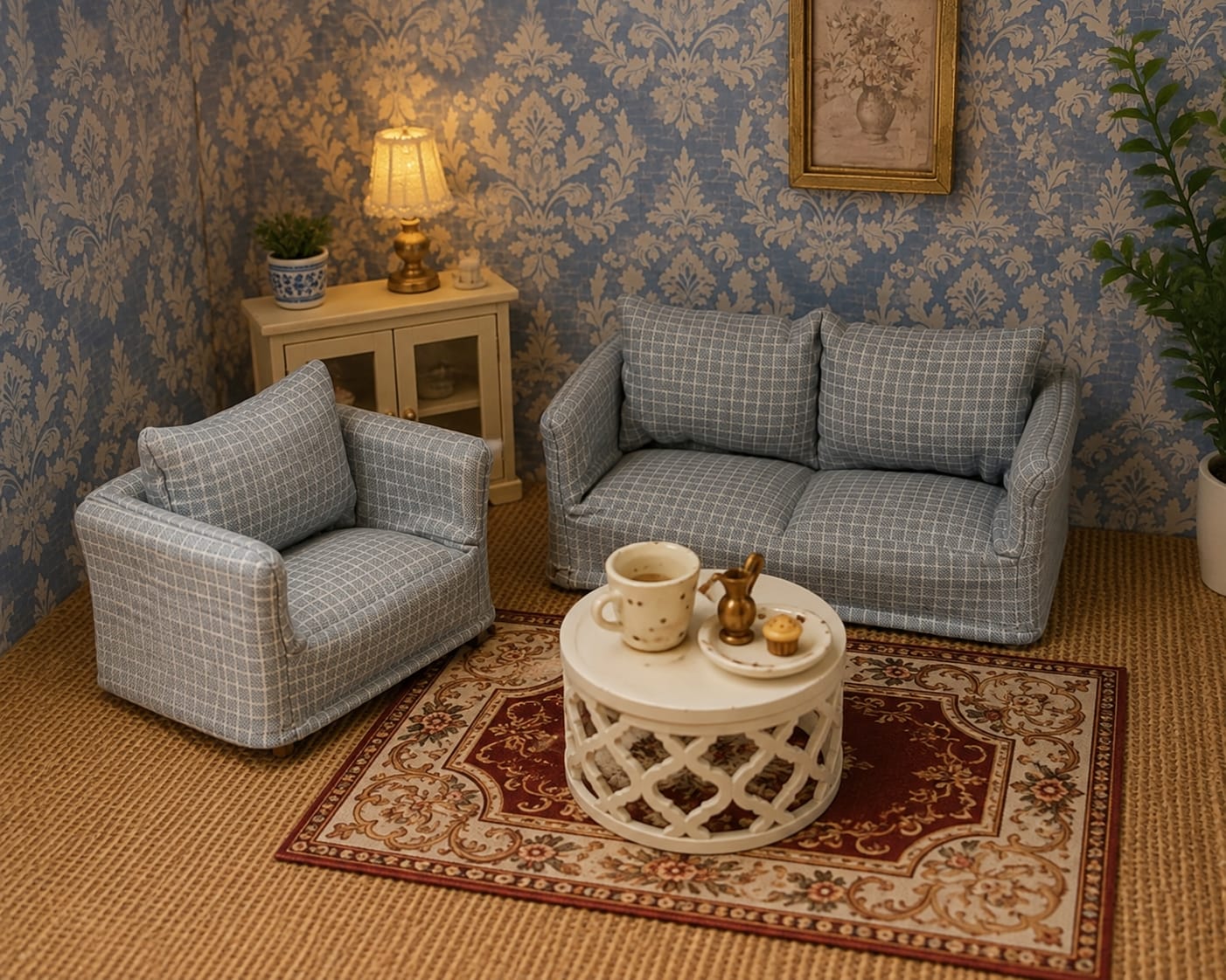 Ensemble fauteuil et Canapé en tissu gris à petits carreaux