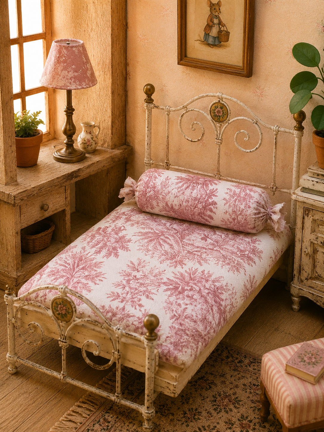 Couette miniature rouge Toile de Jouy & traversin assorti – Échelle 1/12