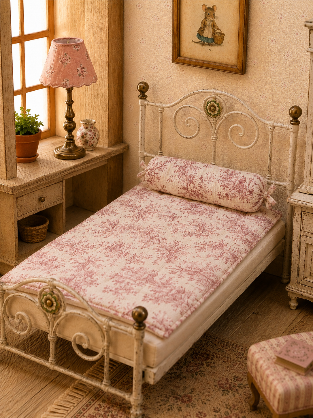 Couette miniature rouge & traversin assorti – Échelle 1/12