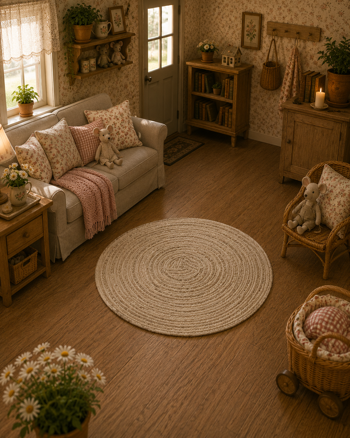 Tapis rond miniature tressé – 11 cm – maison de poupée 1/12