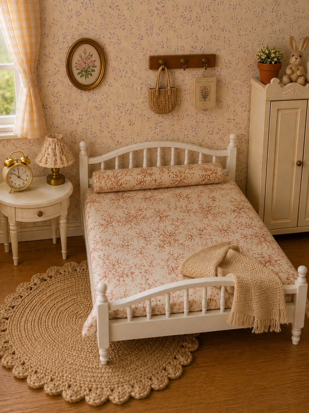 Lit double miniature en bois – Maison de poupée / Souris
