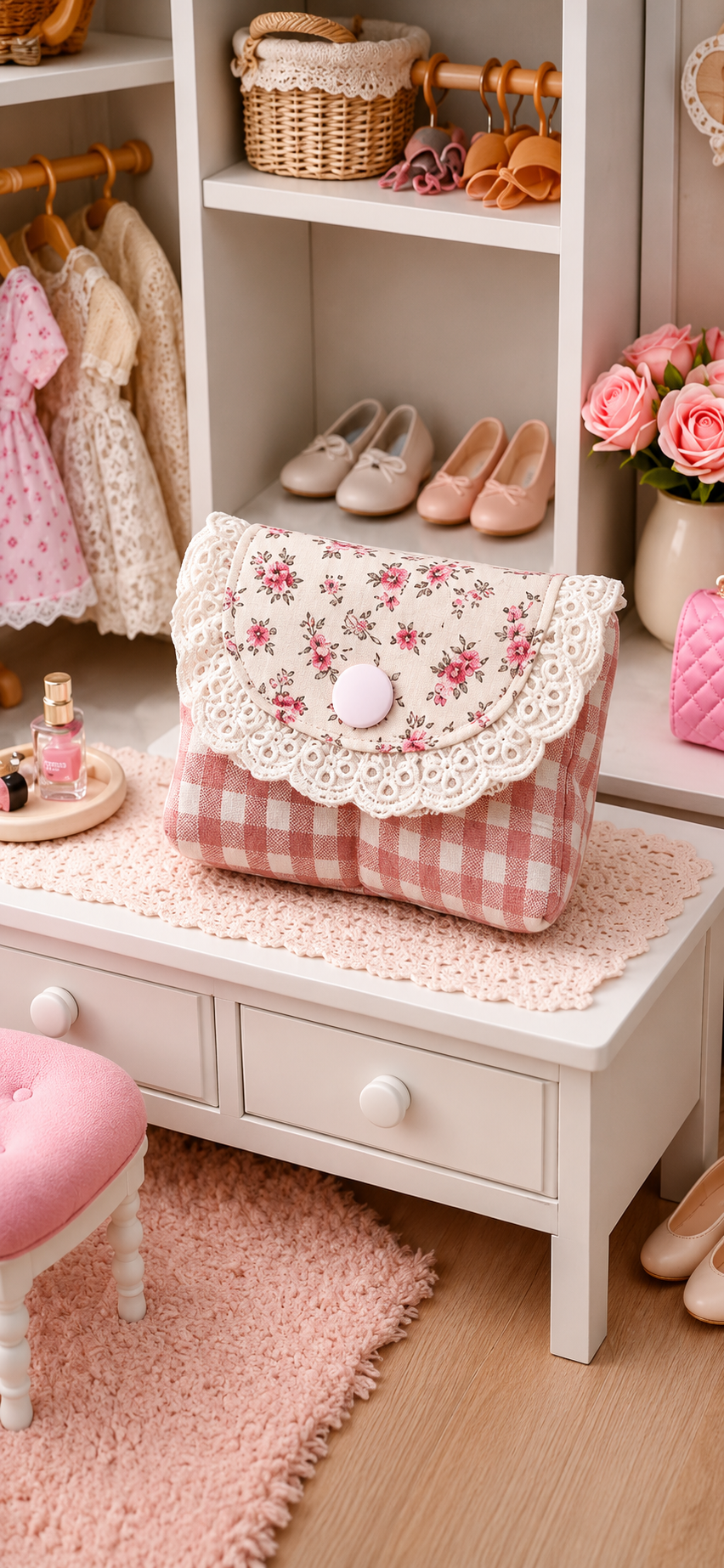 Petit sac en tissu rose avec bordure dentelle