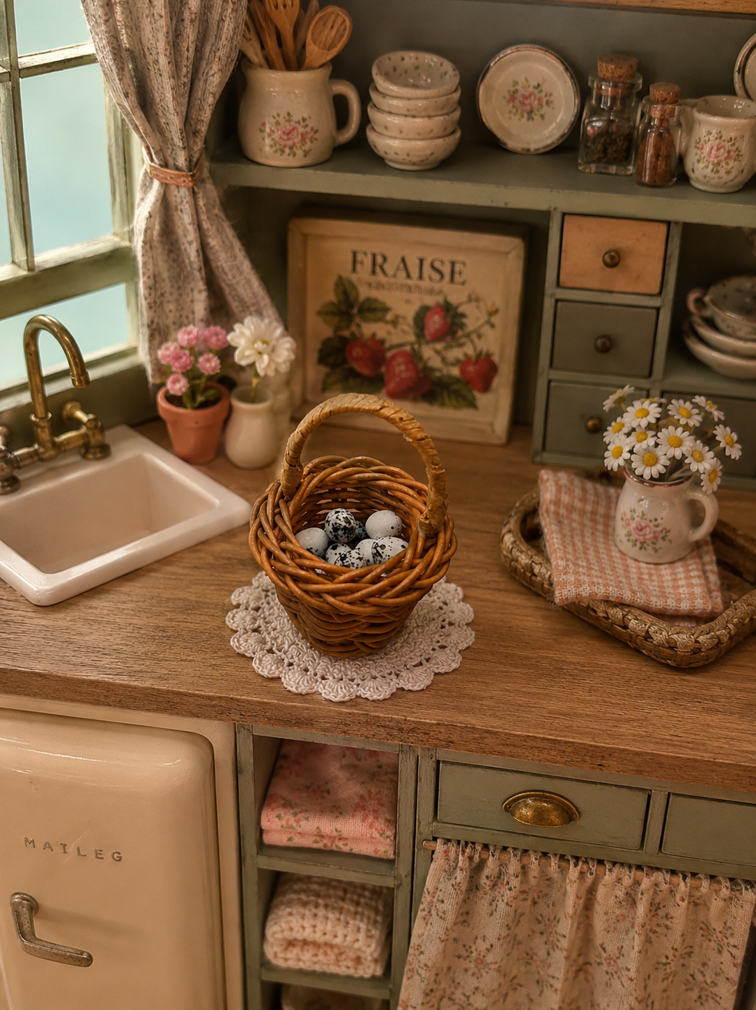 Panier garni d'oeufs de caille miniature pour maison de poupée