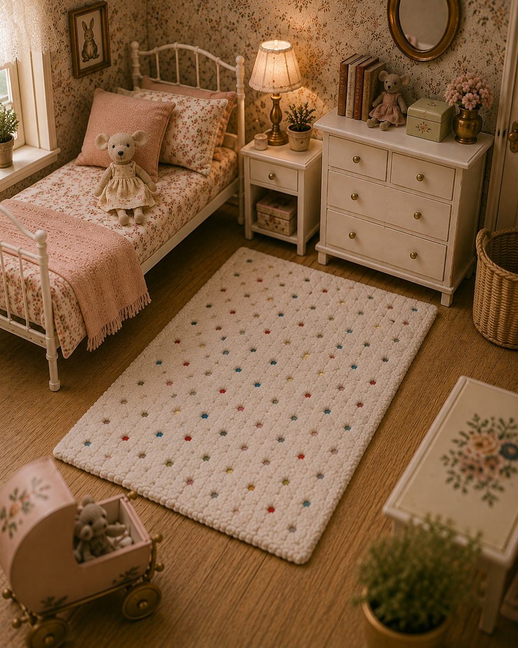 Tapis épais effet mouton miniature – Échelle 1/12 🤍🌈