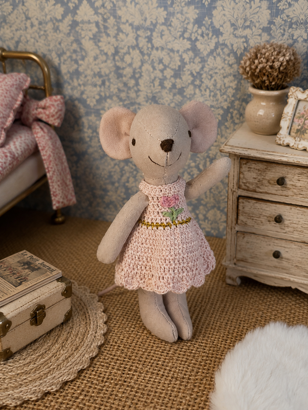 Souris robe rose crochet