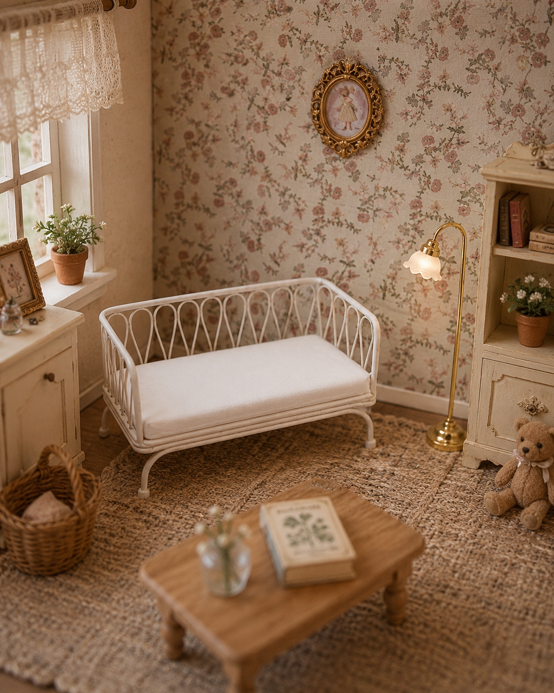 Banquette blanche en métal avec matelas miniature pour maison de poupée