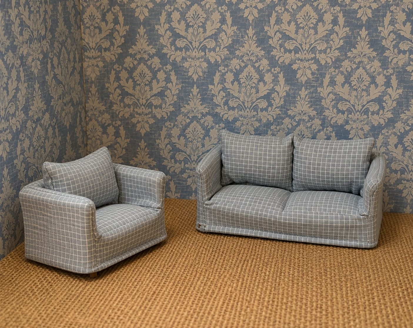 Ensemble fauteuil et Canapé en tissu gris à petits carreaux